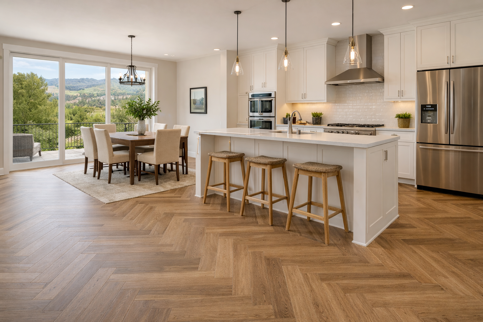 Modern open kitchen with herringbone LVP flooring, white island seating, and bright natural light in a Lakewood, CO home.