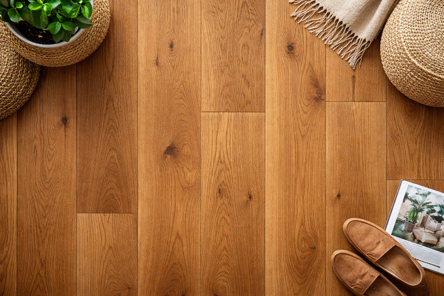 Premium solid hardwood flooring in warm oak tones featuring natural grain variation and authentic wood texture.