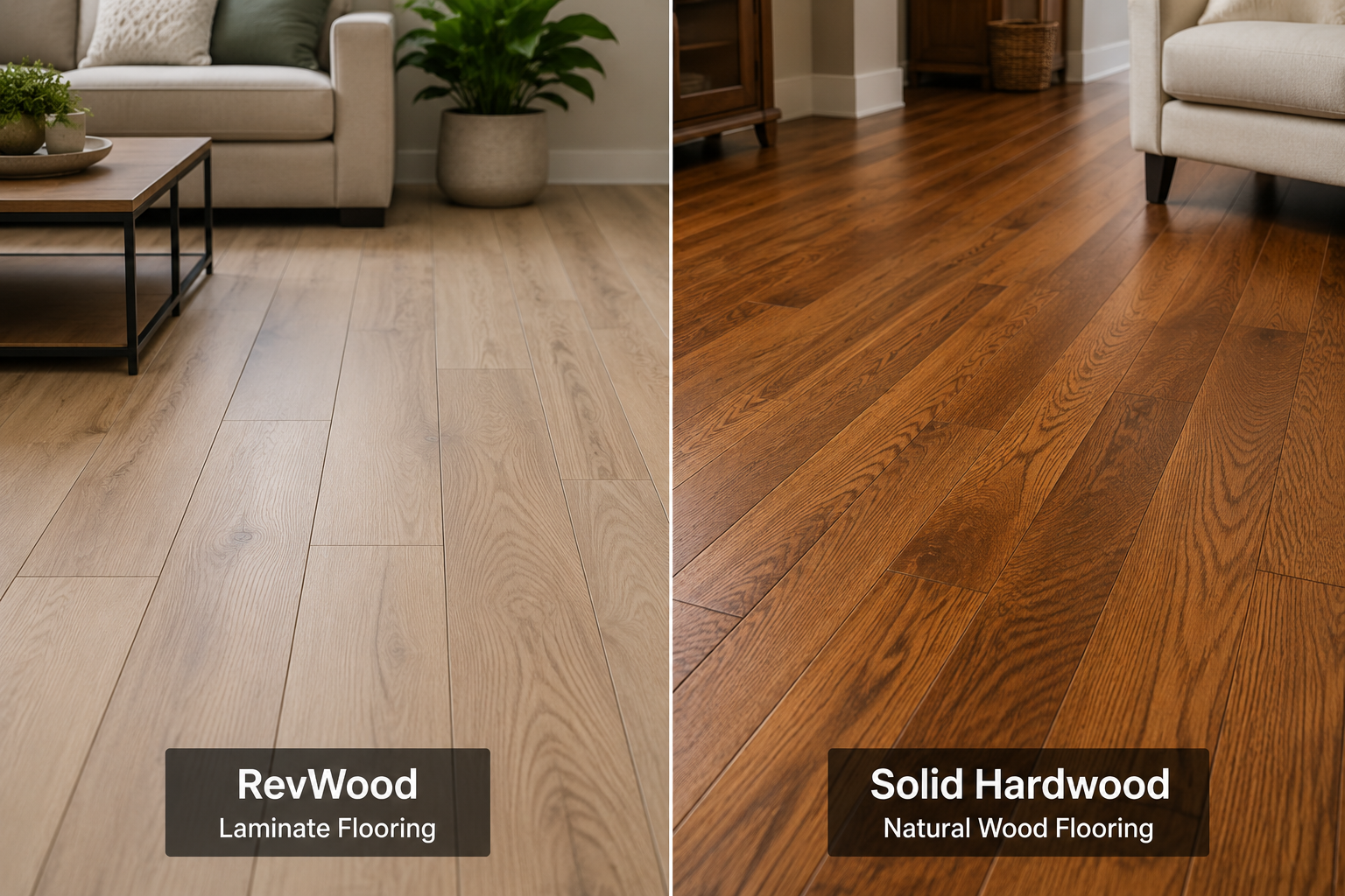 Side-by-side comparison of RevWood laminate flooring and solid hardwood flooring, showing light wood-look planks with subtle grain on the left and rich, darker natural hardwood with visible grain variation on the right, separated by a thin dividing line.