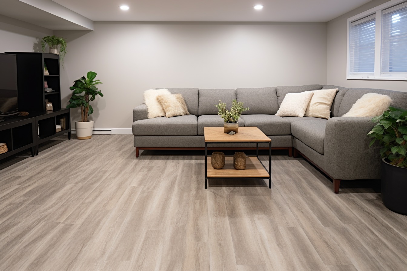 Open living space with wide plank luxury vinyl flooring, gray sectional seating, wood and metal coffee table, and potted plants.