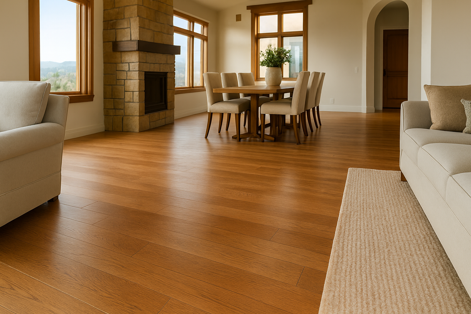 A bright Colorado living room and dining space featuring warm-toned hardwood flooring throughout. The room is furnished with a cream-colored sofa, a modern wooden coffee table, and a neutral area rug, all staged with visible felt pads beneath furniture le