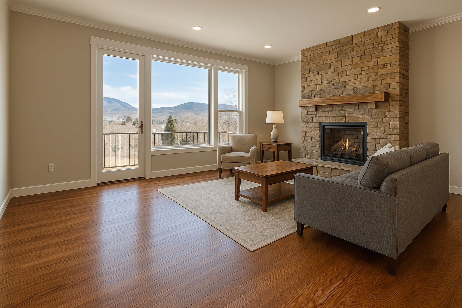 Living room in a Golden, Colorado home featuring solid hardwood flooring, mountain views through large windows, a stone fireplace, and warm natural light.